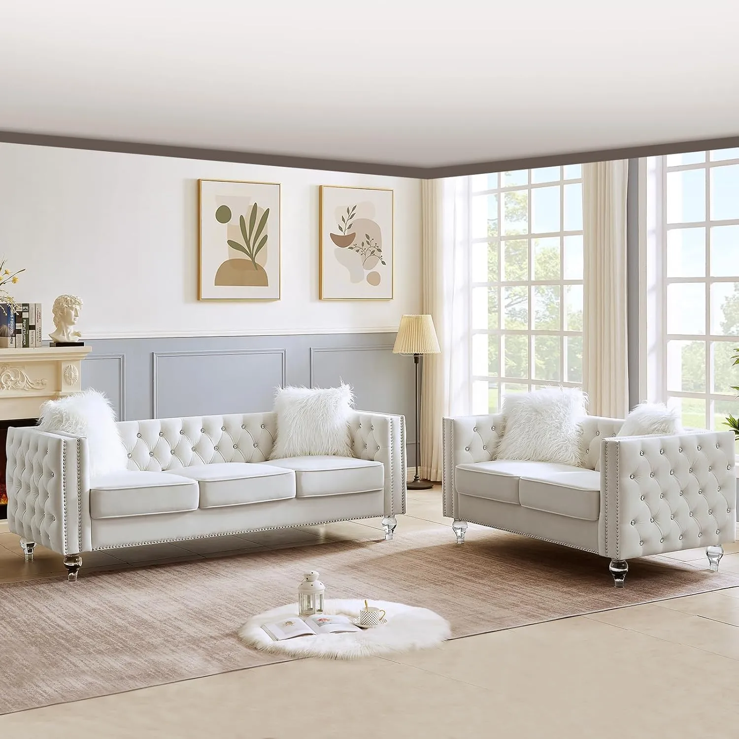 83" Chesterfield Sofa, Velvet Mid-Century Modern Upholstered Couch with 2 Throw Pillows and Acrylic Legs, Nailhead Button Tufted Vintage Sofa for Living Room, Apartment, Office, Beige
