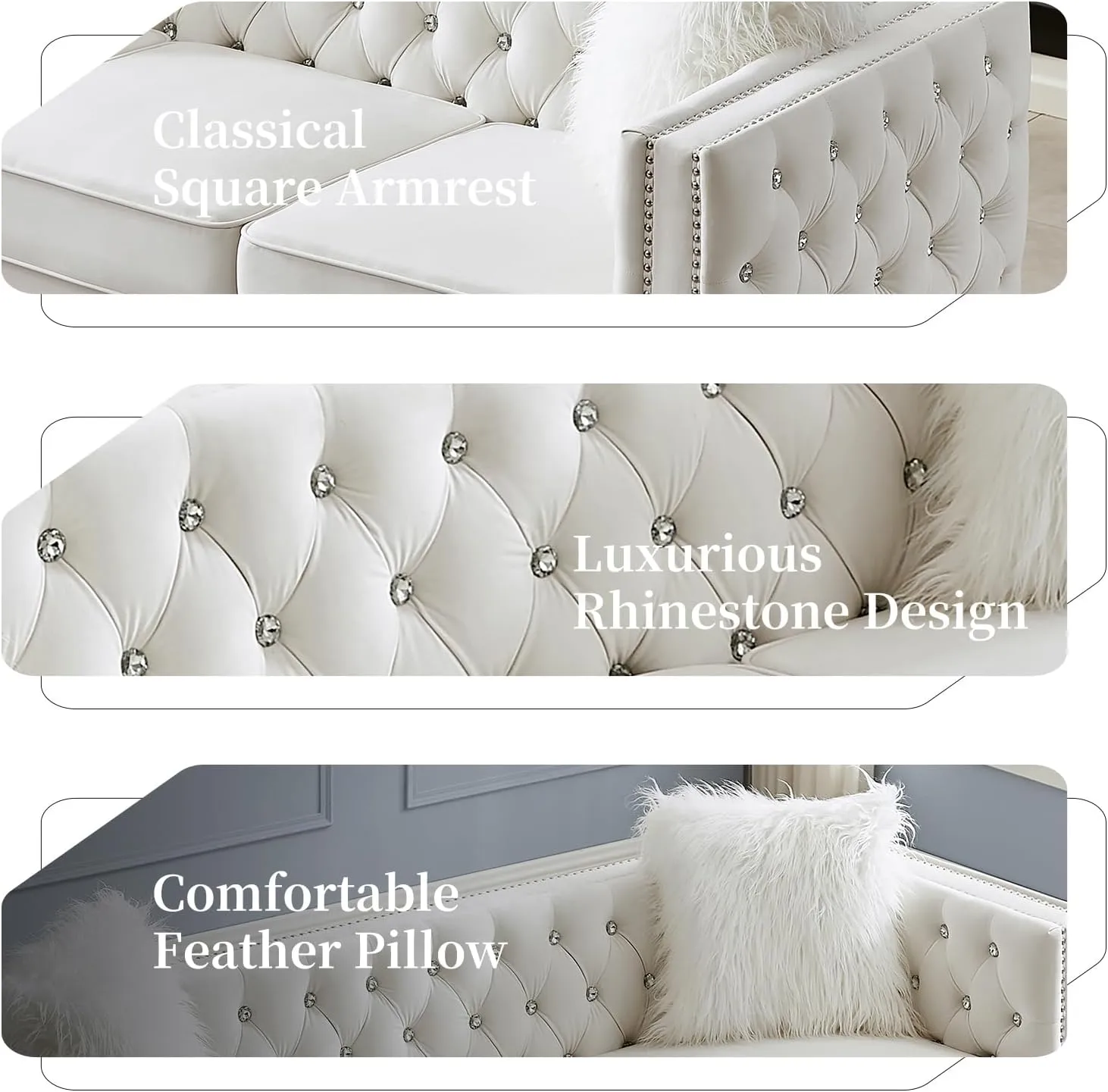 83" Chesterfield Sofa, Velvet Mid-Century Modern Upholstered Couch with 2 Throw Pillows and Acrylic Legs, Nailhead Button Tufted Vintage Sofa for Living Room, Apartment, Office, Beige