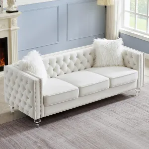 83" Chesterfield Sofa, Velvet Mid-Century Modern Upholstered Couch with 2 Throw Pillows and Acrylic Legs, Nailhead Button Tufted Vintage Sofa for Living Room, Apartment, Office, Beige