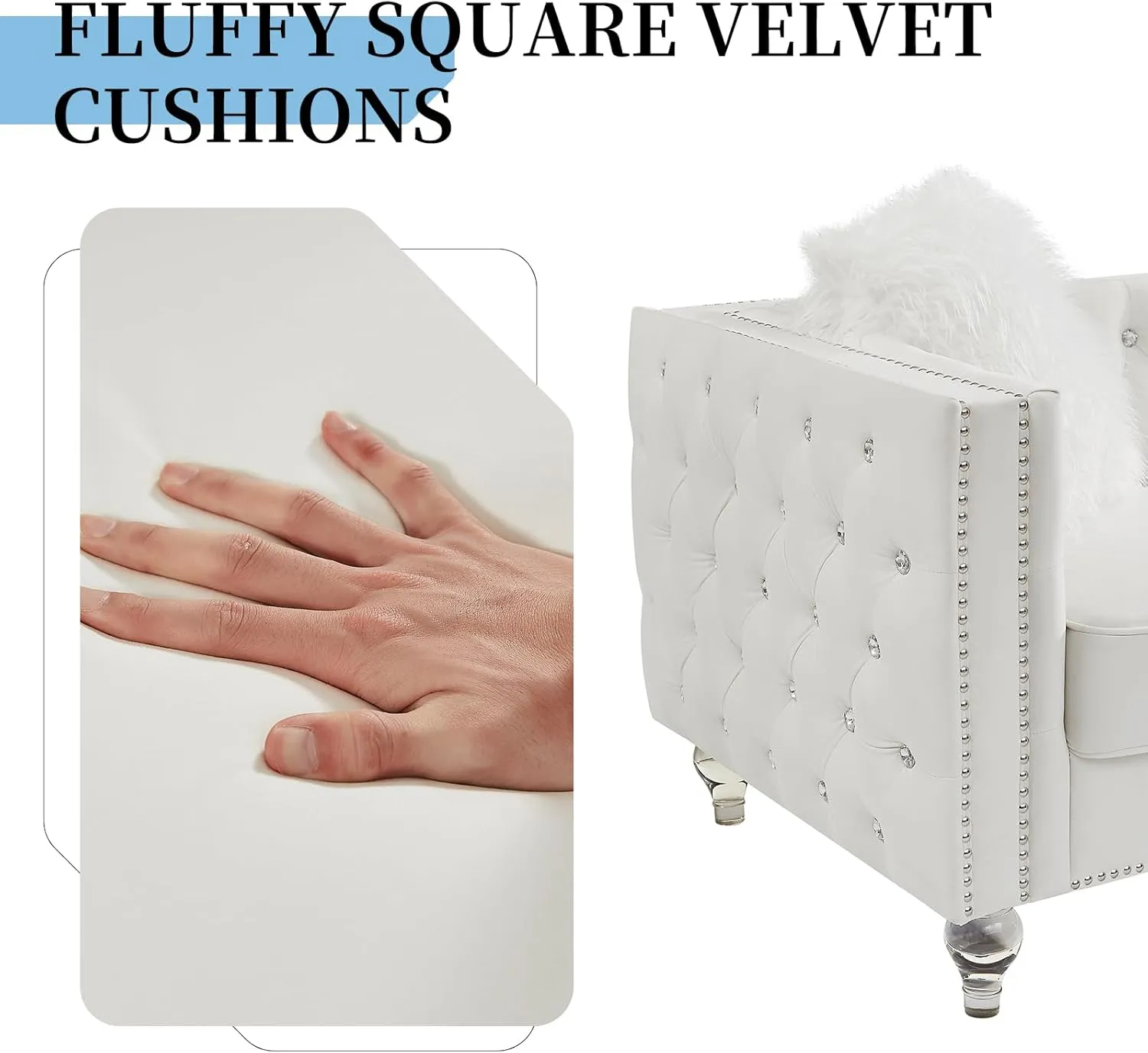 83" Chesterfield Sofa, Velvet Mid-Century Modern Upholstered Couch with 2 Throw Pillows and Acrylic Legs, Nailhead Button Tufted Vintage Sofa for Living Room, Apartment, Office, Beige