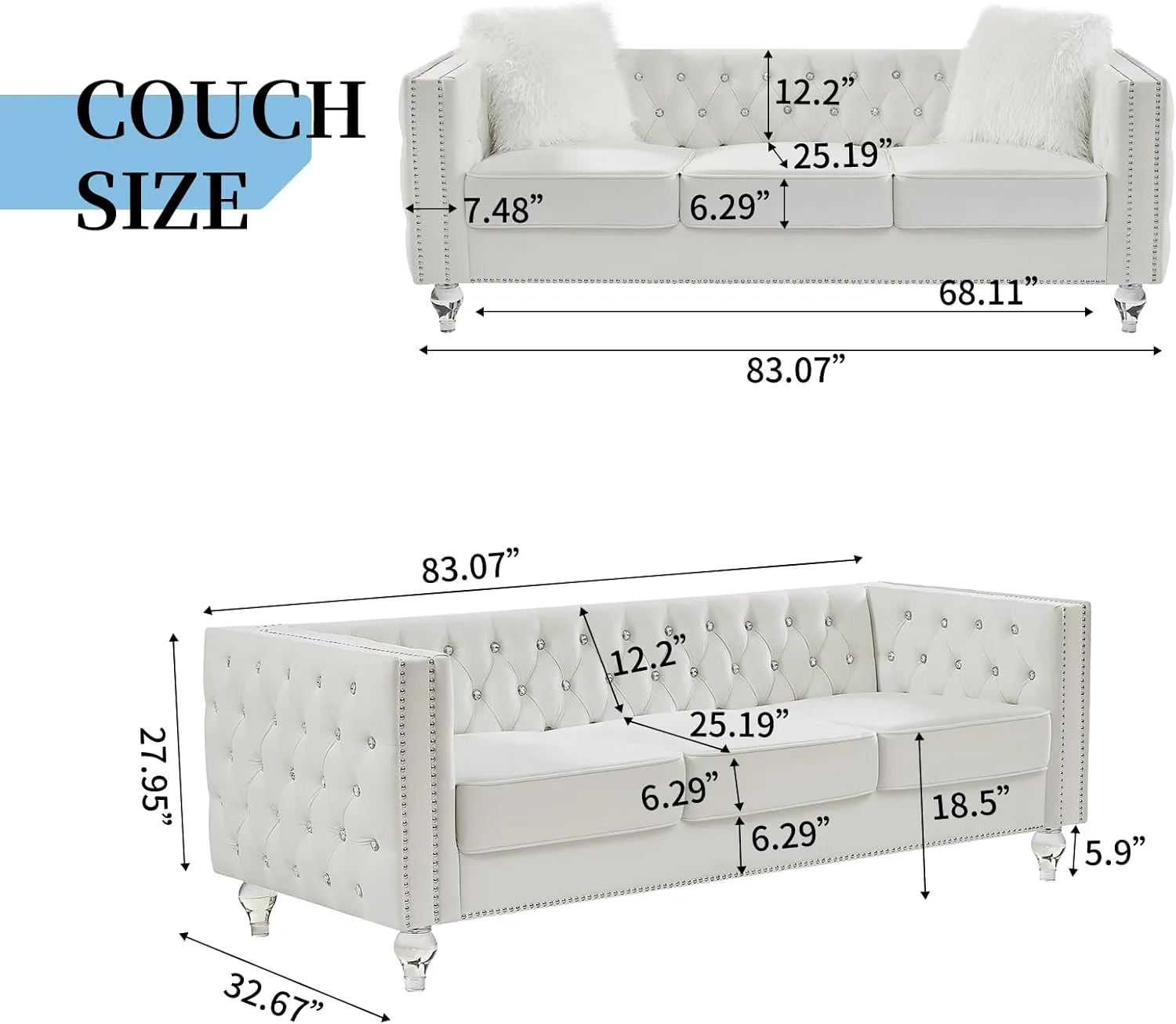 83" Chesterfield Sofa, Velvet Mid-Century Modern Upholstered Couch with 2 Throw Pillows and Acrylic Legs, Nailhead Button Tufted Vintage Sofa for Living Room, Apartment, Office, Beige