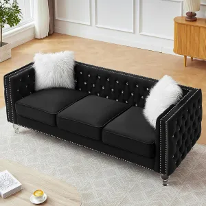 83" Chesterfield Sofa, Velvet Mid-Century Modern Upholstered Couch with 2 Throw Pillows and Acrylic Legs, Nailhead Button Tufted Vintage Sofa for Living Room, Apartment, Office, Black