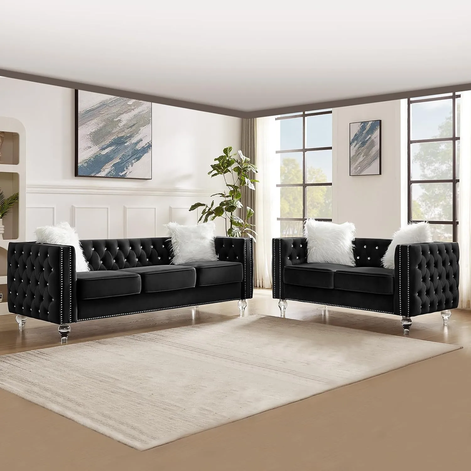 83" Chesterfield Sofa, Velvet Mid-Century Modern Upholstered Couch with 2 Throw Pillows and Acrylic Legs, Nailhead Button Tufted Vintage Sofa for Living Room, Apartment, Office, Black