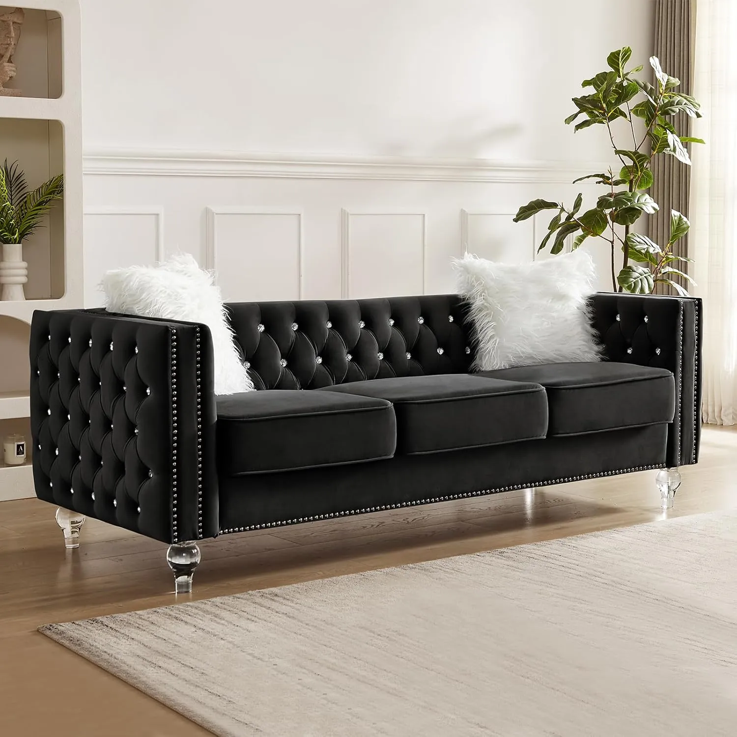 83" Chesterfield Sofa, Velvet Mid-Century Modern Upholstered Couch with 2 Throw Pillows and Acrylic Legs, Nailhead Button Tufted Vintage Sofa for Living Room, Apartment, Office, Black