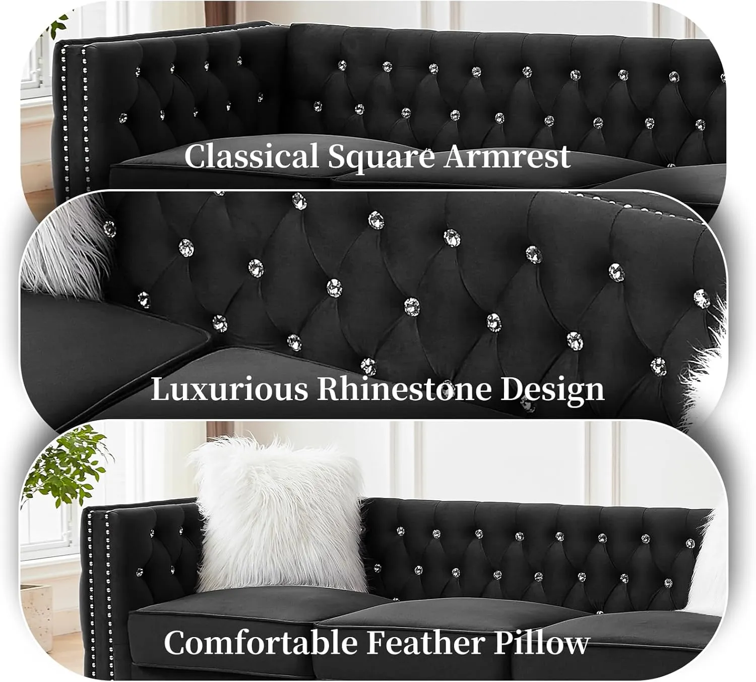 83" Chesterfield Sofa, Velvet Mid-Century Modern Upholstered Couch with 2 Throw Pillows and Acrylic Legs, Nailhead Button Tufted Vintage Sofa for Living Room, Apartment, Office, Black