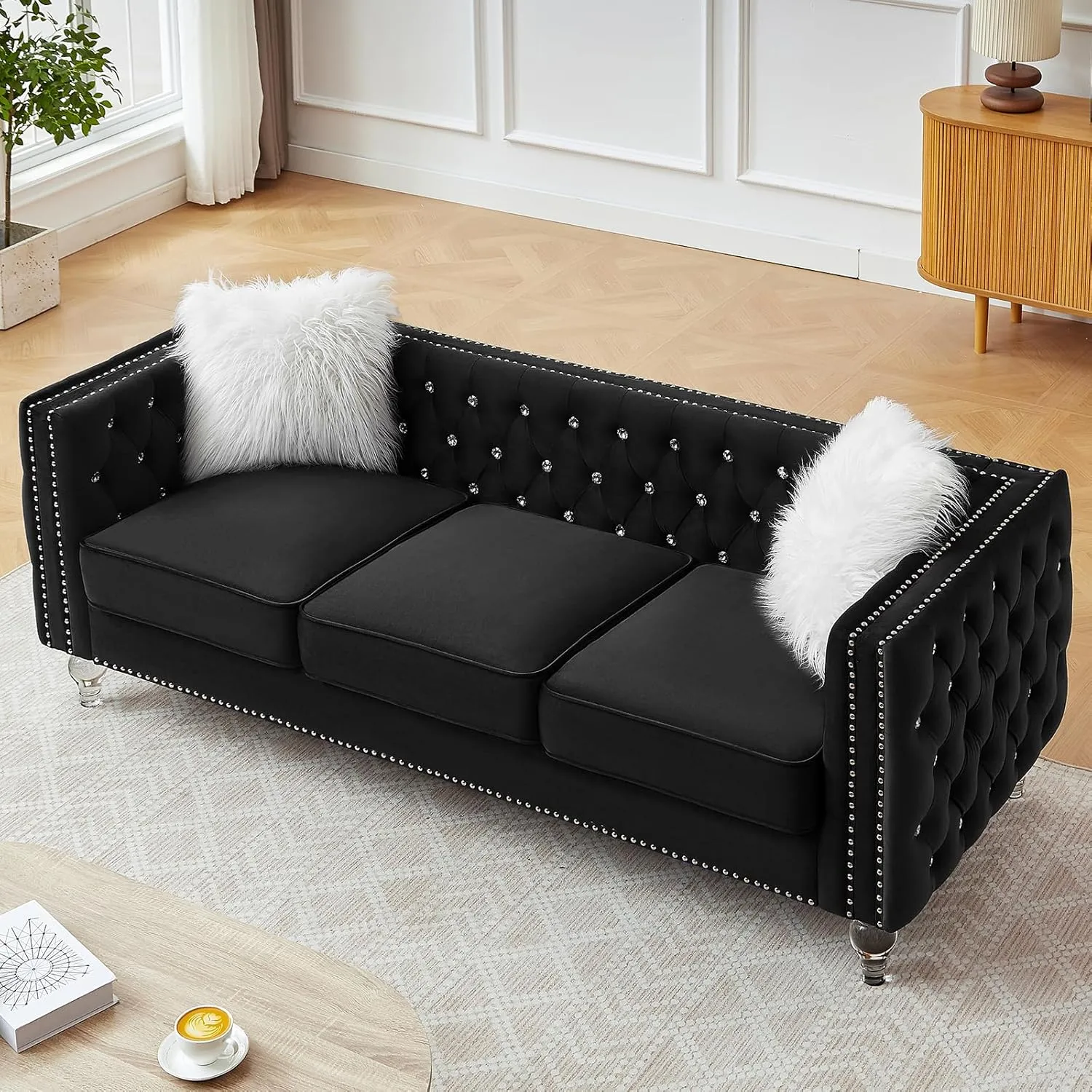 83" Chesterfield Sofa, Velvet Mid-Century Modern Upholstered Couch with 2 Throw Pillows and Acrylic Legs, Nailhead Button Tufted Vintage Sofa for Living Room, Apartment, Office, Black