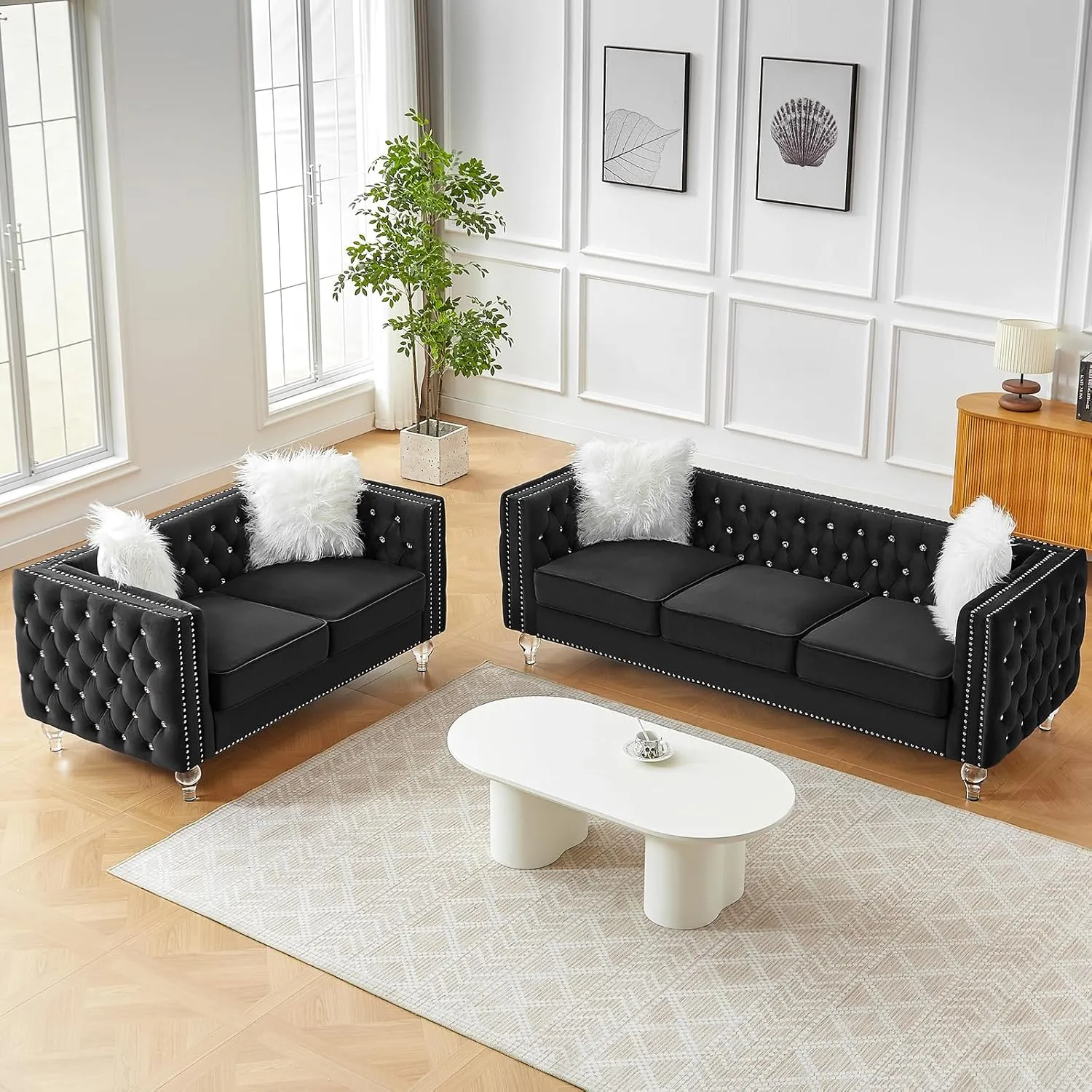 83" Chesterfield Sofa, Velvet Mid-Century Modern Upholstered Couch with 2 Throw Pillows and Acrylic Legs, Nailhead Button Tufted Vintage Sofa for Living Room, Apartment, Office, Black