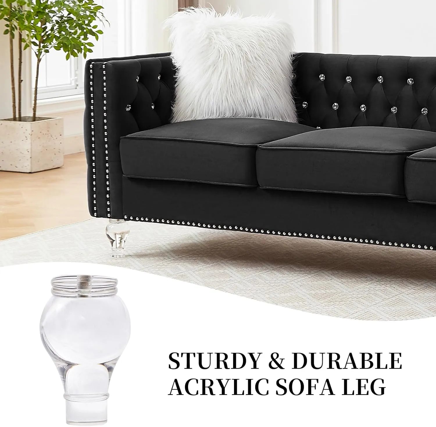 83" Chesterfield Sofa, Velvet Mid-Century Modern Upholstered Couch with 2 Throw Pillows and Acrylic Legs, Nailhead Button Tufted Vintage Sofa for Living Room, Apartment, Office, Black