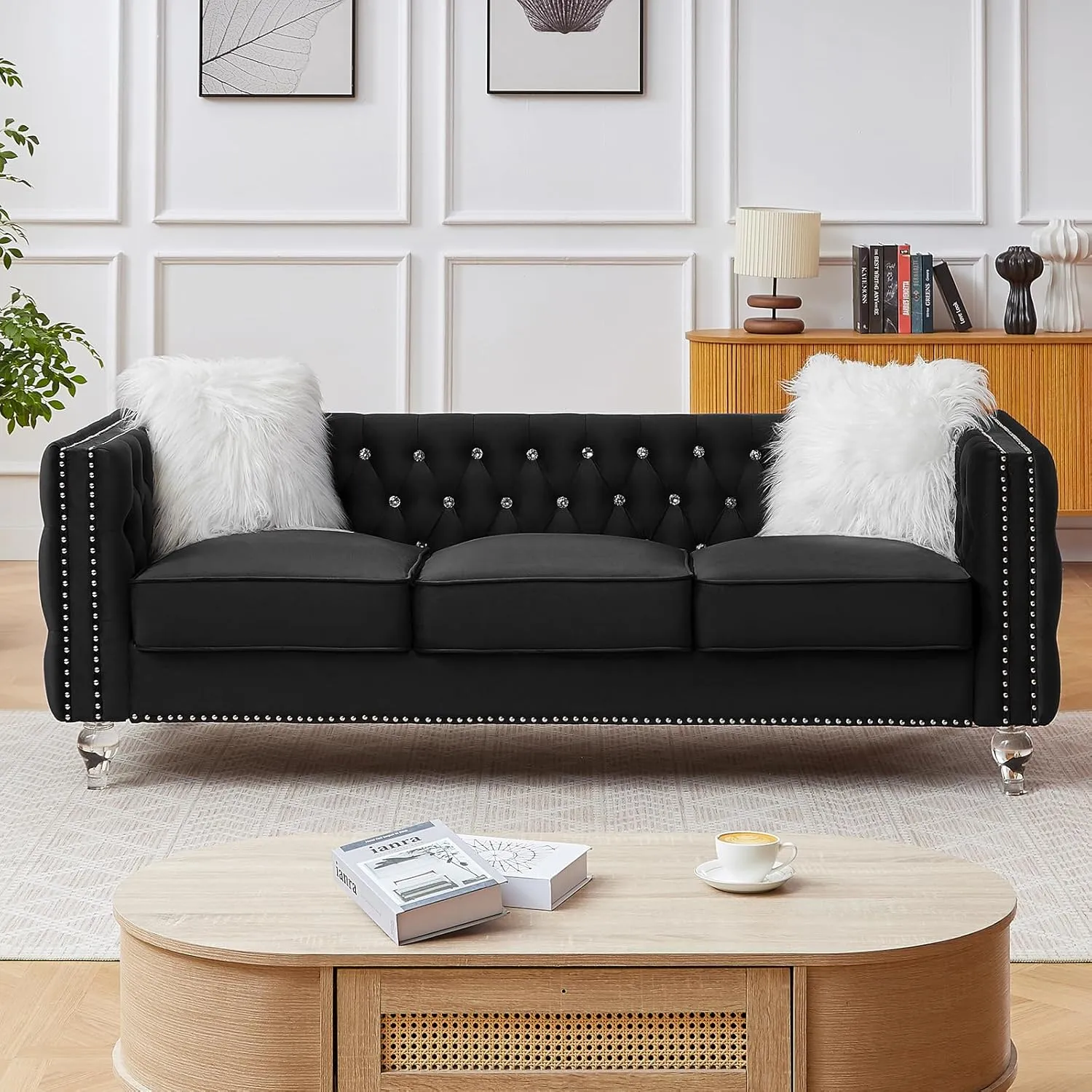 83" Chesterfield Sofa, Velvet Mid-Century Modern Upholstered Couch with 2 Throw Pillows and Acrylic Legs, Nailhead Button Tufted Vintage Sofa for Living Room, Apartment, Office, Black
