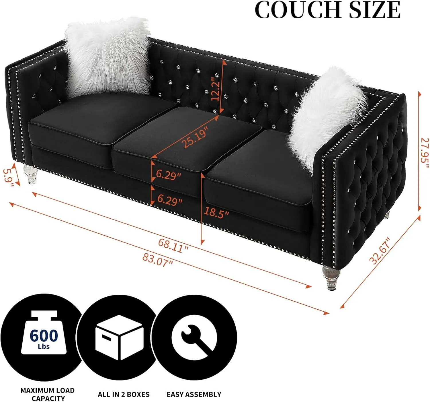 83" Chesterfield Sofa, Velvet Mid-Century Modern Upholstered Couch with 2 Throw Pillows and Acrylic Legs, Nailhead Button Tufted Vintage Sofa for Living Room, Apartment, Office, Black