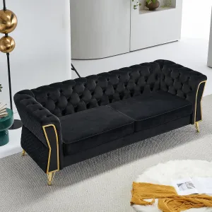 87.4" Velvet Sofa Couch, Mid-Century Modern Chesterfield Loveseat Classic Button Tufted 2 Seater Couch with Golden Legs for Living Room Office Bedroom (Black)