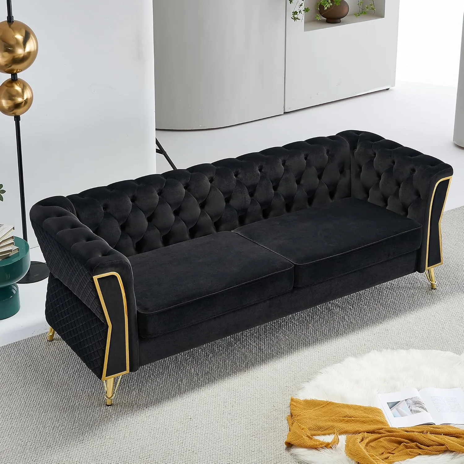 87.4" Velvet Sofa Couch, Mid-Century Modern Chesterfield Loveseat Classic Button Tufted 2 Seater Couch with Golden Legs for Living Room Office Bedroom (Black)
