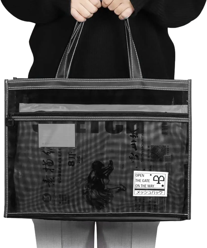 A3 Mesh Art Portfolio Bag with Handle and Zipper Holder for Artwork Portable Large Capacity Clear Art Storage Tote Bag Organizer Transparent Bag for Large Posters Painting Teaching Material Art Work