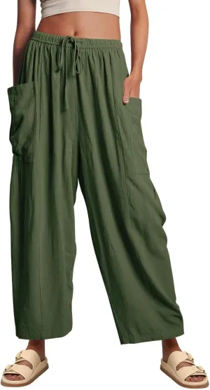 ABAFIP Women's Linen Palazzo Pants Summer Drawstring High Waisted Wide Leg Baggy Harem Pants with Pockets