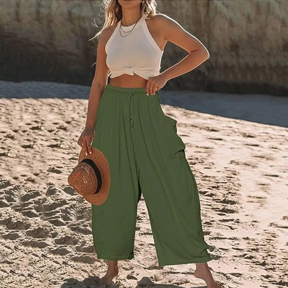 ABAFIP Women's Linen Palazzo Pants Summer Drawstring High Waisted Wide Leg Baggy Harem Pants with Pockets