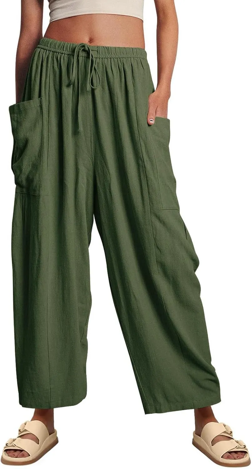 ABAFIP Women's Linen Palazzo Pants Summer Drawstring High Waisted Wide Leg Baggy Harem Pants with Pockets