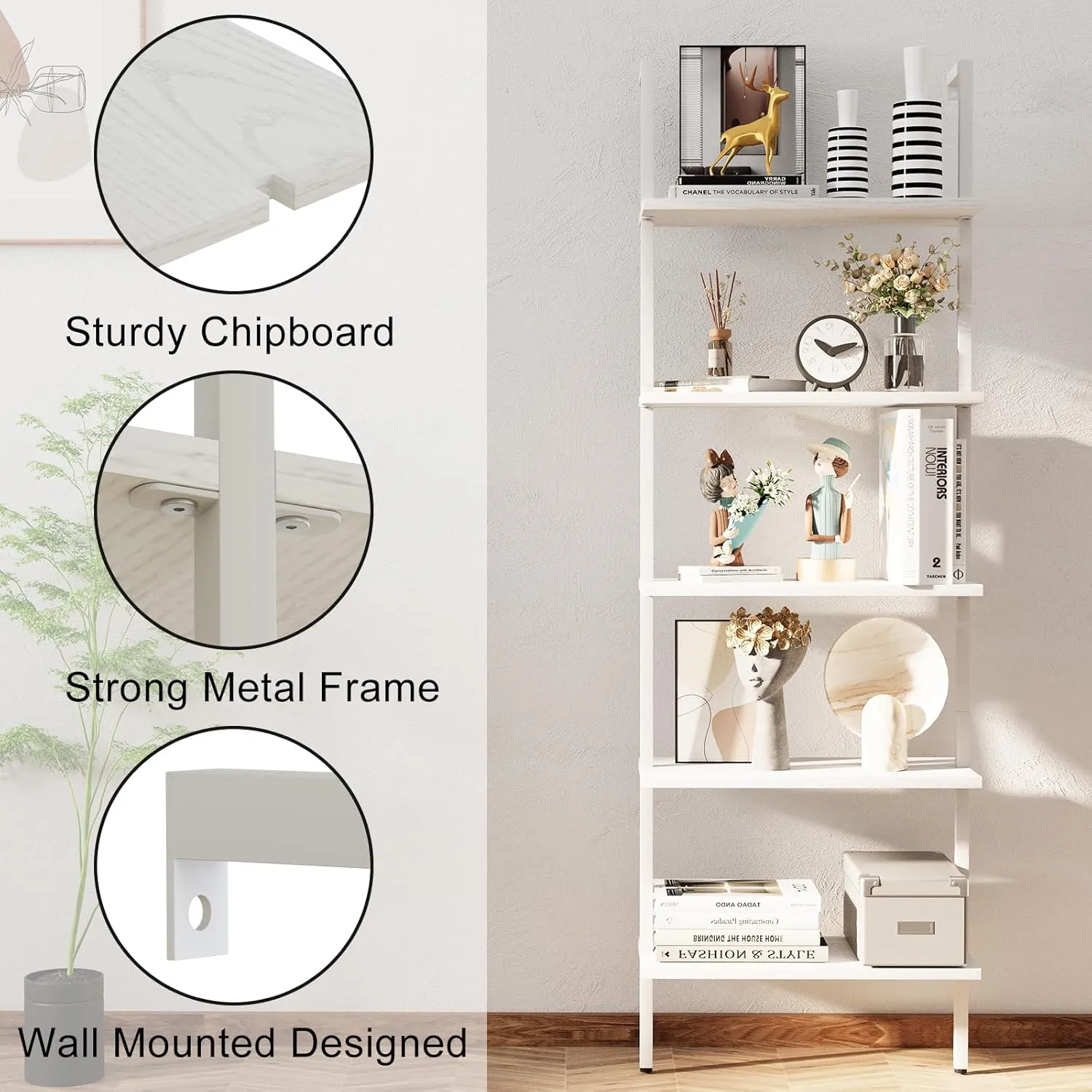 aboxoo Ladder Shelf White Wooden Bookshelf 5-Tier Wall-Mounted Open Wood Rack Industrial Modern Plant Flower Stand Utility Organizer Bookcase Metal Frame Furniture Office Kitchen Bedroom