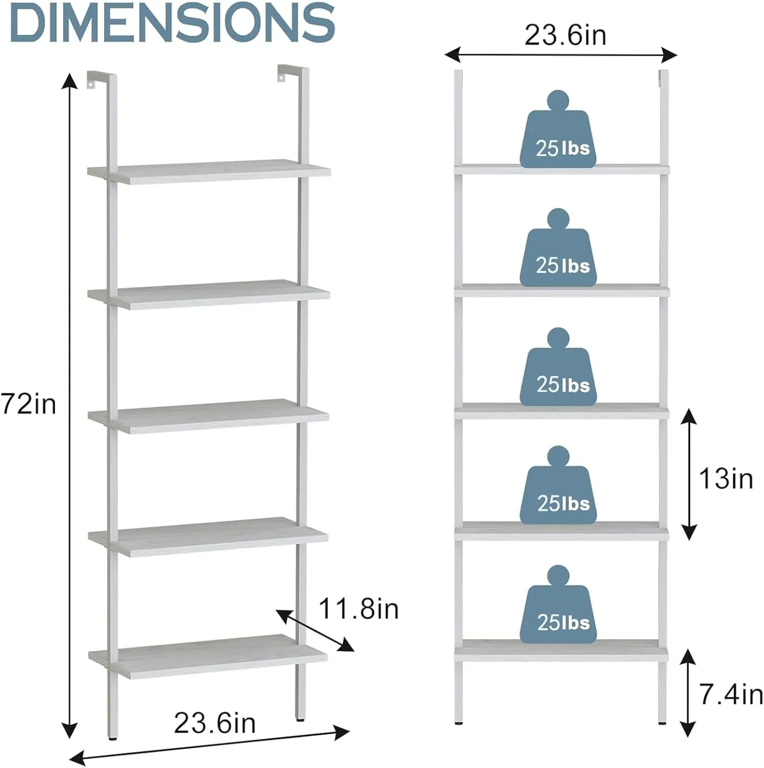 aboxoo Ladder Shelf White Wooden Bookshelf 5-Tier Wall-Mounted Open Wood Rack Industrial Modern Plant Flower Stand Utility Organizer Bookcase Metal Frame Furniture Office Kitchen Bedroom
