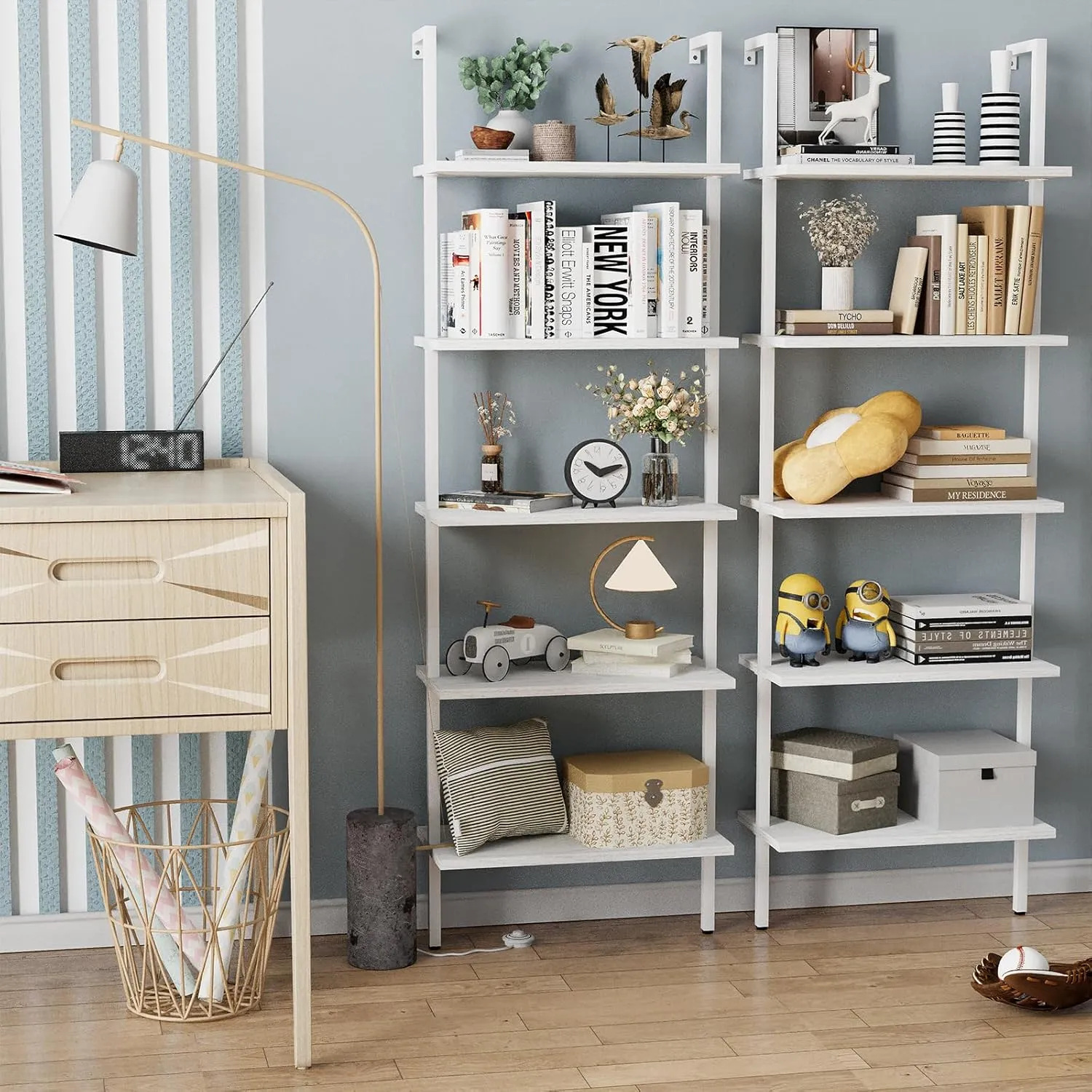 aboxoo Ladder Shelf White Wooden Bookshelf 5-Tier Wall-Mounted Open Wood Rack Industrial Modern Plant Flower Stand Utility Organizer Bookcase Metal Frame Furniture Office Kitchen Bedroom