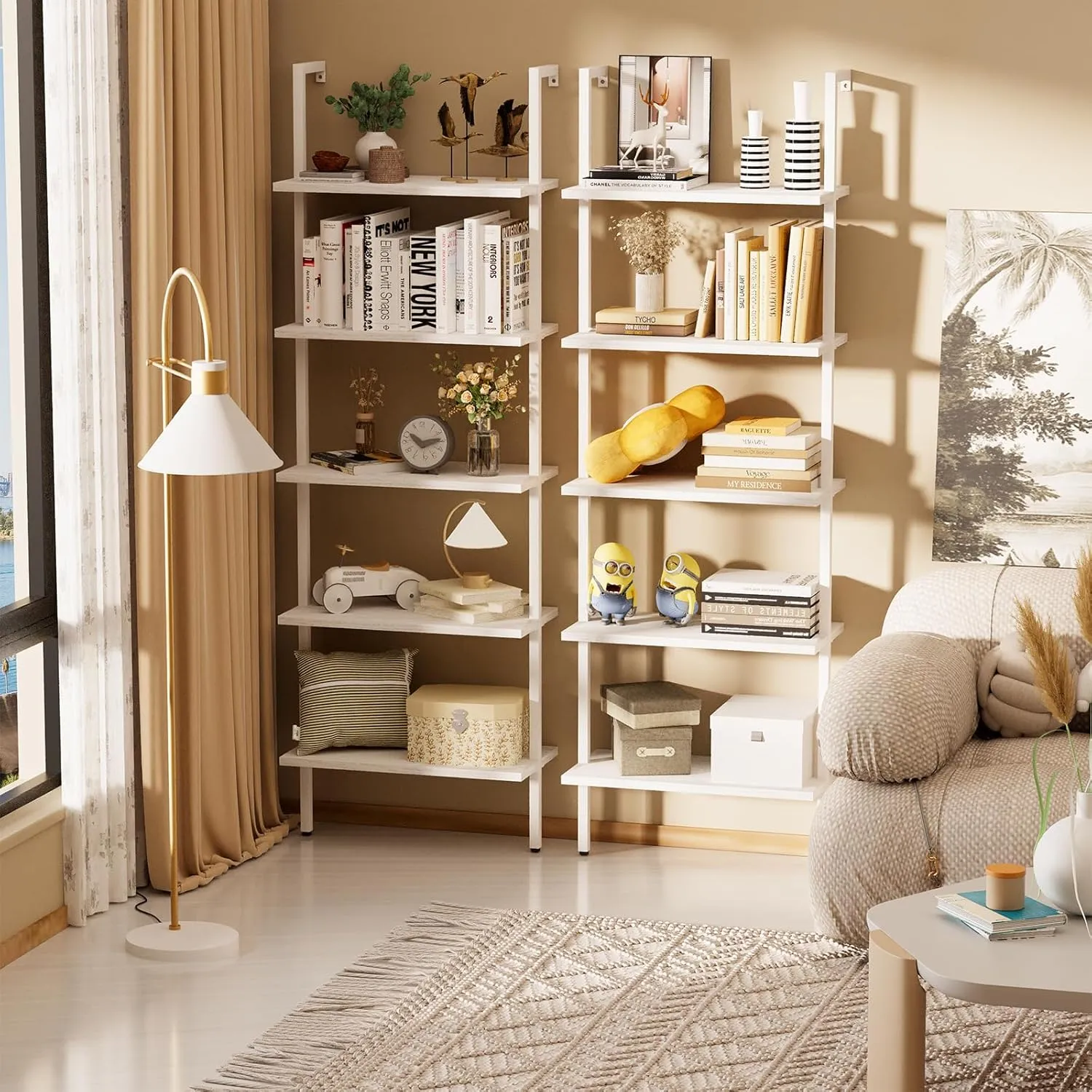 aboxoo Ladder Shelf White Wooden Bookshelf 5-Tier Wall-Mounted Open Wood Rack Industrial Modern Plant Flower Stand Utility Organizer Bookcase Metal Frame Furniture Office Kitchen Bedroom