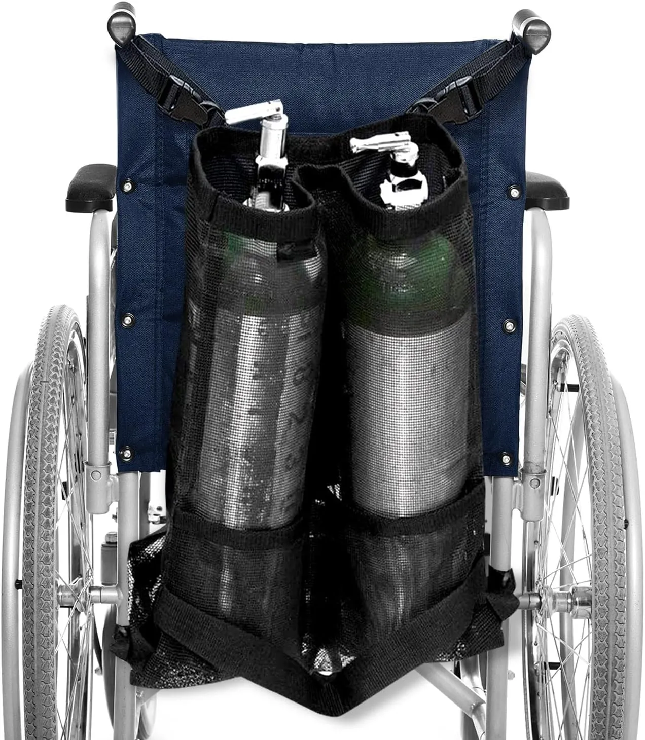 AdirMed Dual Oxygen Tank Holder for Wheelchair - Oxygen Storage Bag with Mesh Storage Pocket Fits Portable Cylinder Oxygen Tank D & E for Medical Use, Home, Hospital