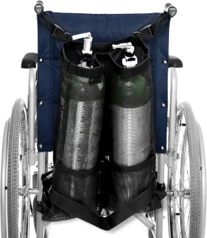 AdirMed Dual Oxygen Tank Holder for Wheelchair - Oxygen Storage Bag with Mesh Storage Pocket Fits Portable Cylinder Oxygen Tank D & E for Medical Use, Home, Hospital