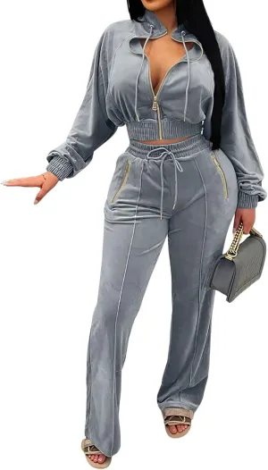 Adogirl Women 2 Piece Outfits Velour Sweatsuit Jogging Suit Full Zipper Sweatshirt   Wide Leg Sweatpants Tracksuit Lounge Set