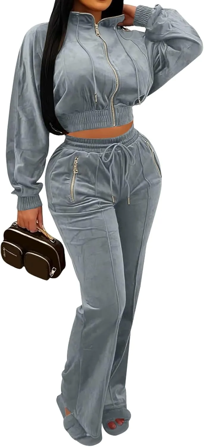 Adogirl Women 2 Piece Outfits Velour Sweatsuit Jogging Suit Full Zipper Sweatshirt   Wide Leg Sweatpants Tracksuit Lounge Set