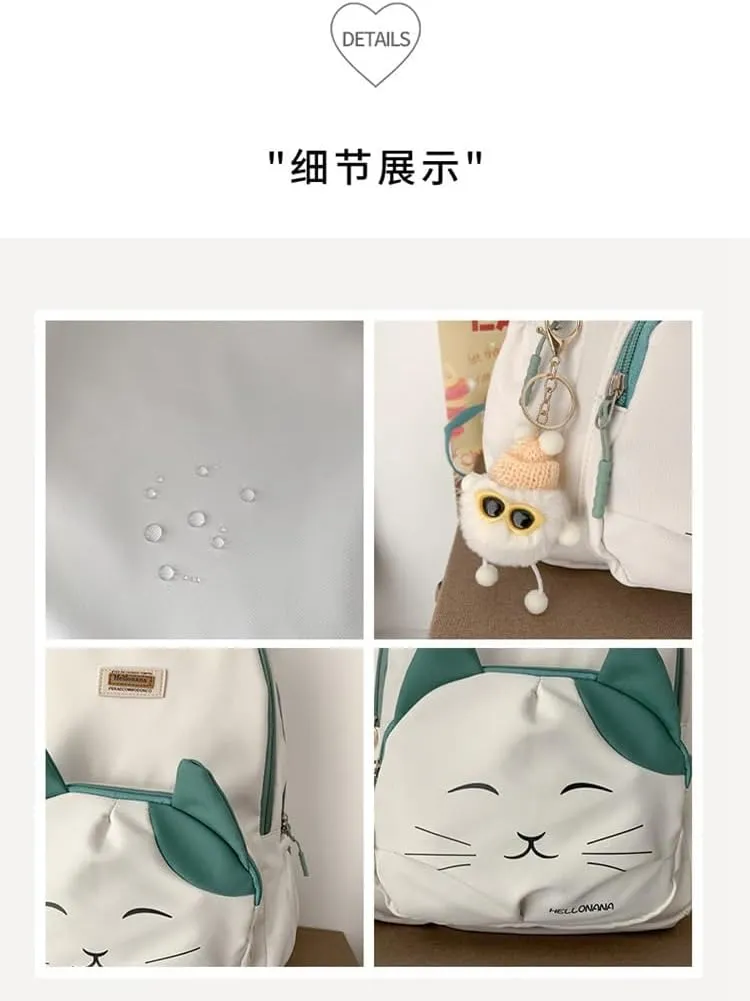Aesthetic Backpack for Teens and Adults. Cute Cat Face Daypack Large Big Capacity Backpack with Accessories. (White)