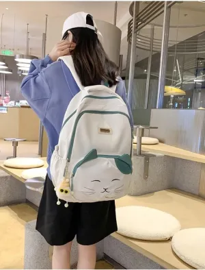 Aesthetic Backpack for Teens and Adults. Cute Cat Face Daypack Large Big Capacity Backpack with Accessories. (White)