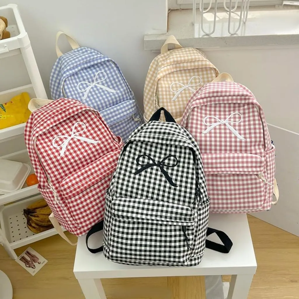 Aesthetic Checkered Pattern School Bag Bowknot Large Capacity Backpack Student Book Bag for Women Teen Girls