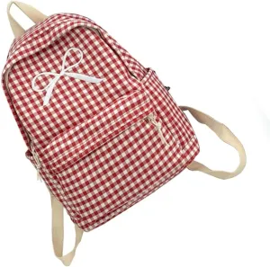 Aesthetic Checkered Pattern School Bag Bowknot Large Capacity Backpack Student Book Bag for Women Teen Girls