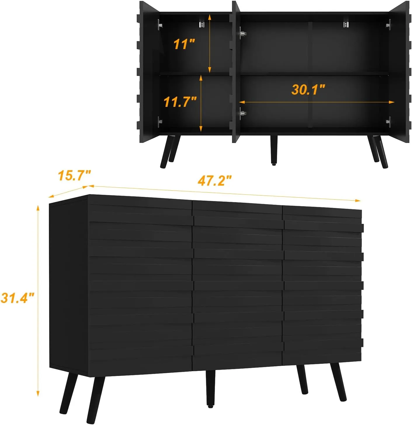 AIEGLE 47.2“W Buffet Cabinet Sideboard with 2 Adjustable Shelves, Modern Credenza Cupboard with 3 Stylish Doors, Wood Storage Cabinet, Black