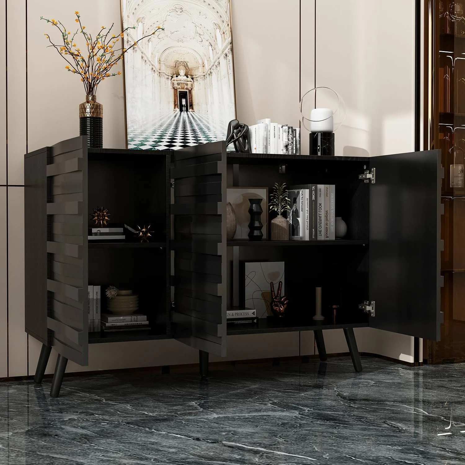 AIEGLE 47.2“W Buffet Cabinet Sideboard with 2 Adjustable Shelves, Modern Credenza Cupboard with 3 Stylish Doors, Wood Storage Cabinet, Black