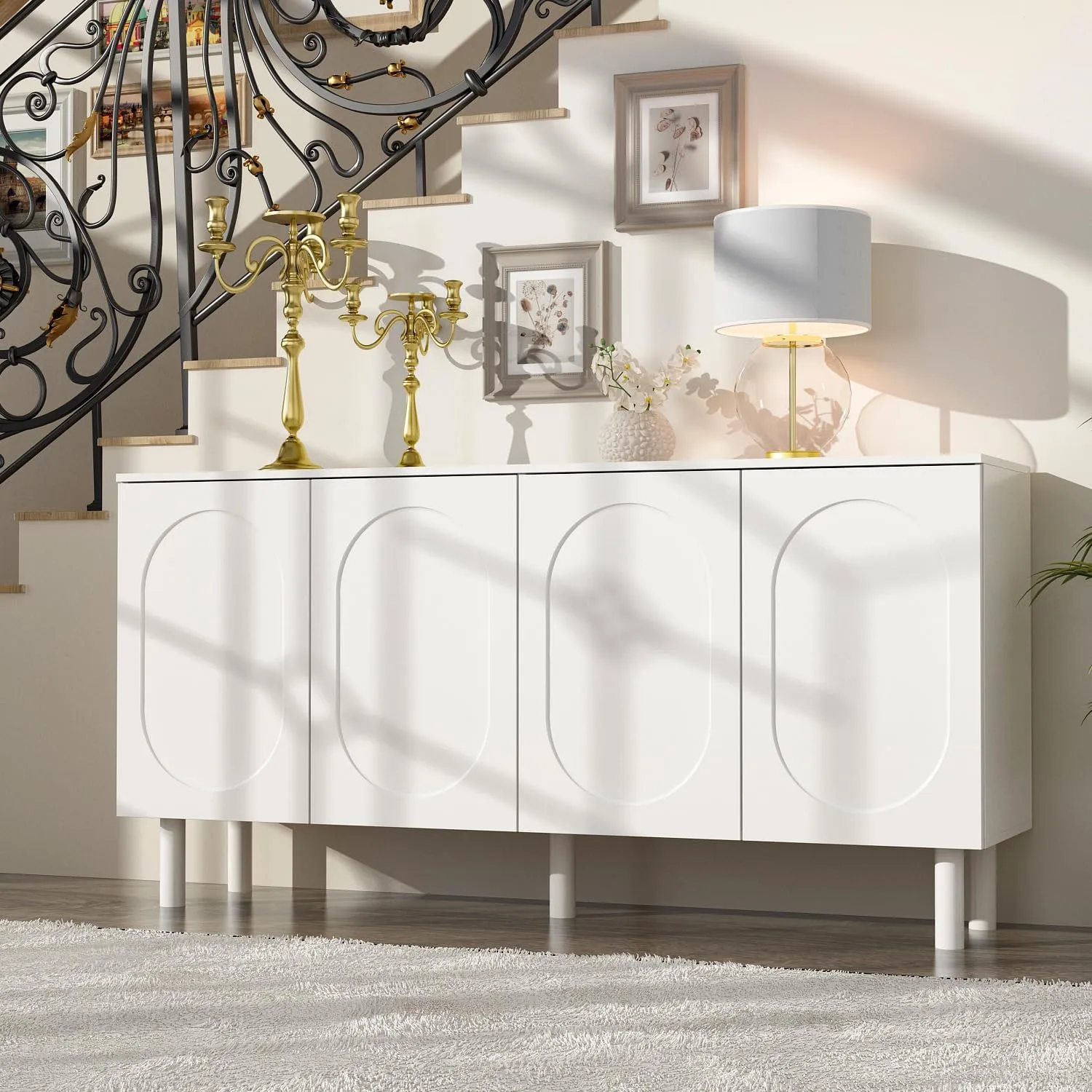 AIEGLE 63.2" W Buffet Cabinet Sideboard with 2 Adjustable Shelves, Wood Storage Cabinet with 4 Doors, Modern Credenza Cupboard, Traditional White