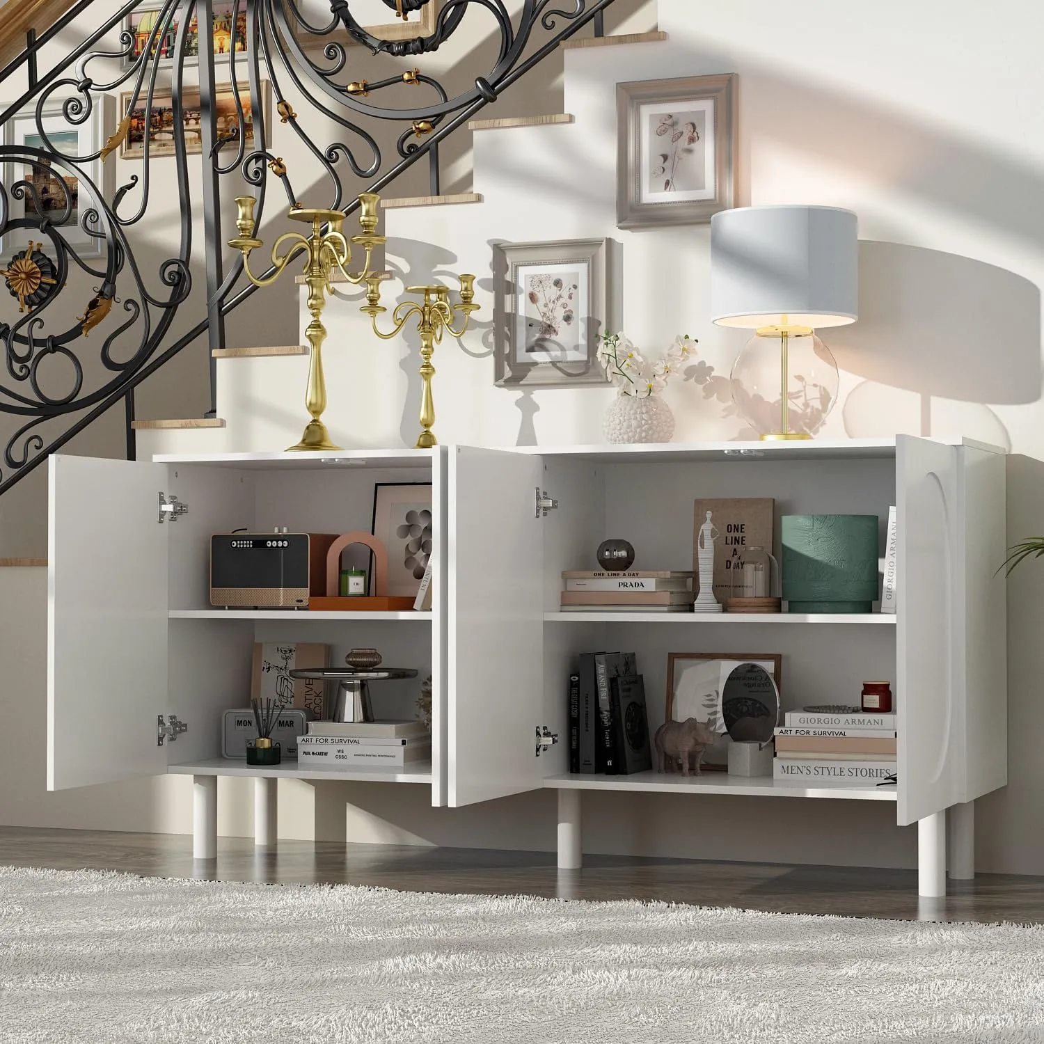 AIEGLE 63.2" W Buffet Cabinet Sideboard with 2 Adjustable Shelves, Wood Storage Cabinet with 4 Doors, Modern Credenza Cupboard, Traditional White