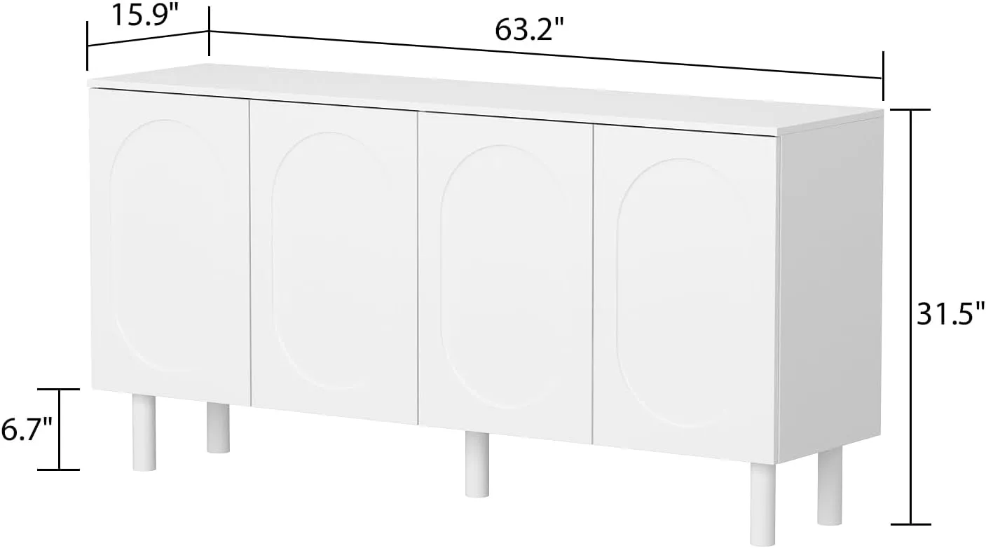 AIEGLE 63.2" W Buffet Cabinet Sideboard with 2 Adjustable Shelves, Wood Storage Cabinet with 4 Doors, Modern Credenza Cupboard, Traditional White