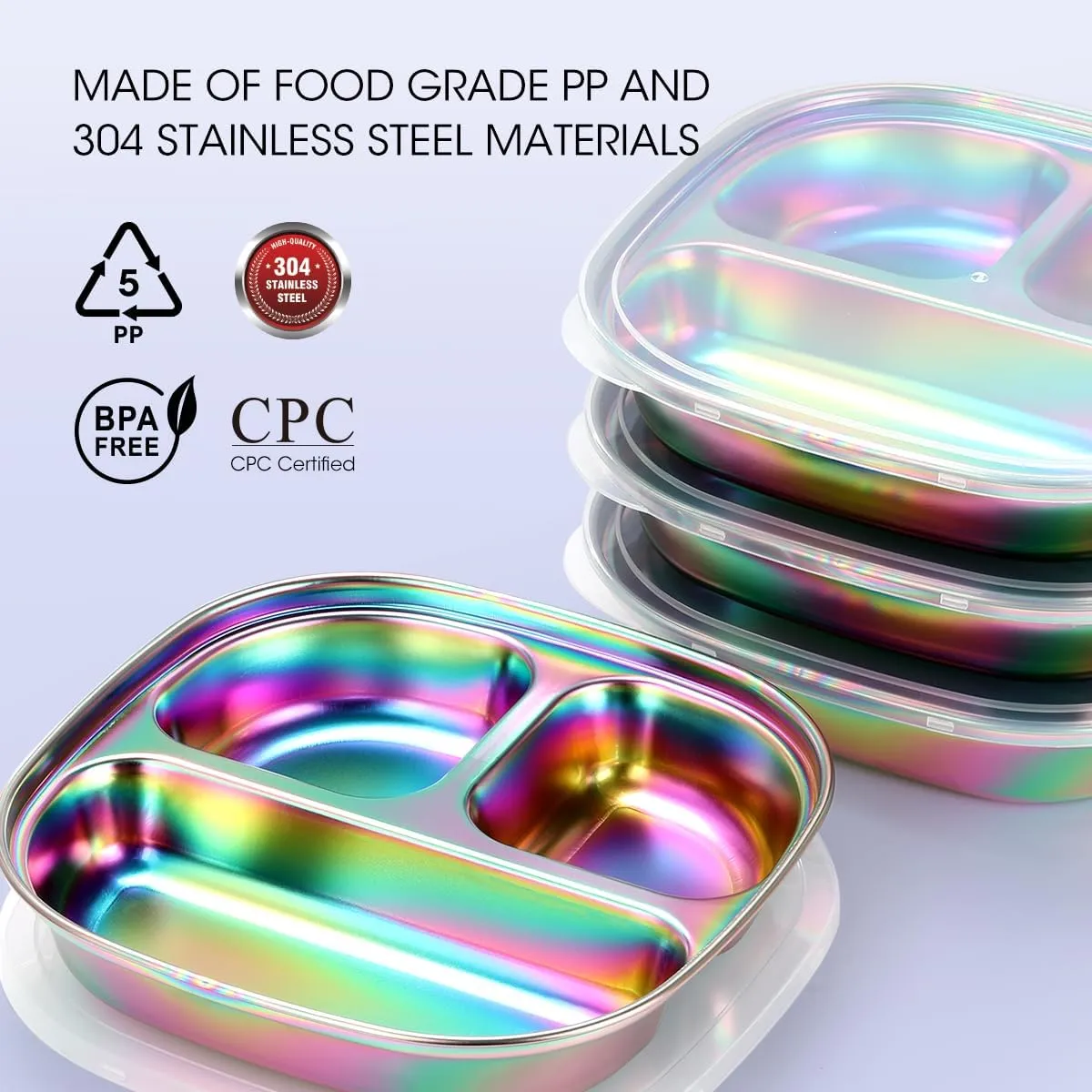 AIEVE Stainless Steel Kids Plates, Pack of 4 Stainless Steel Divided Toddler Plate with Lids