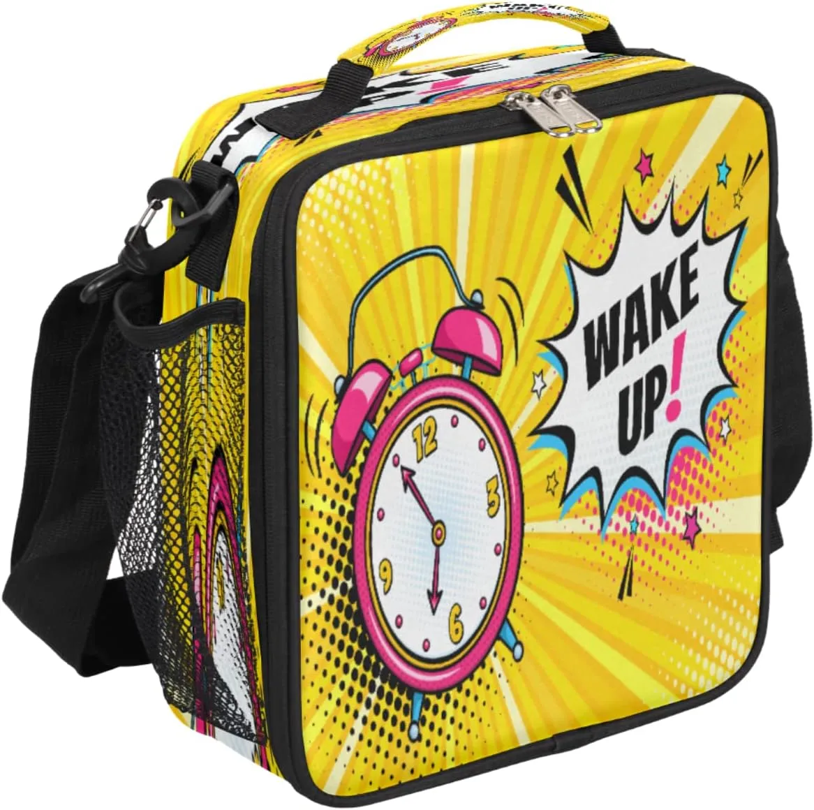 Alarm Clock Lunch Box Bag, Wake Up Letter Lunchbox Insulated Lunch Bag Tote Bag Thermal Cooler with Removable Adjustable Shoulder Strap for Women Men Office Picnic