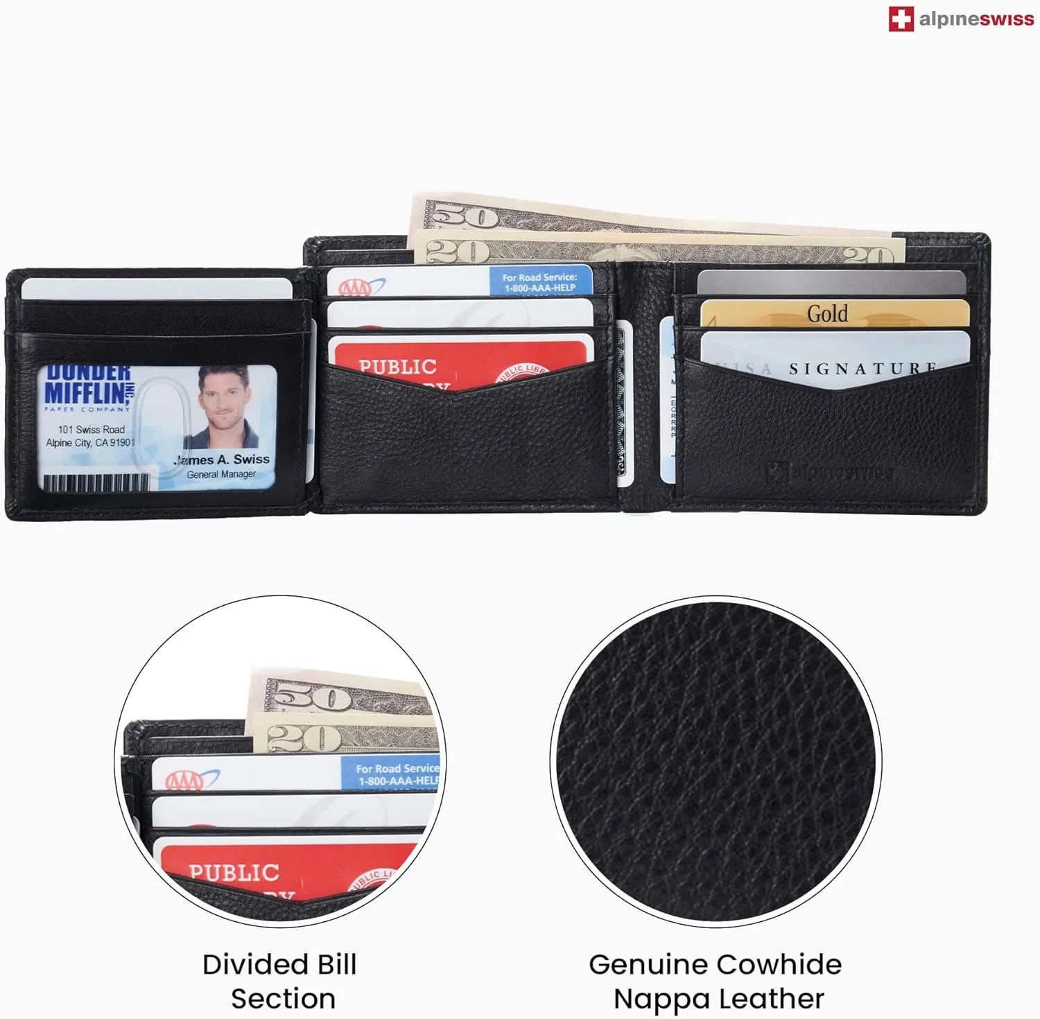Alpine Swiss Mens Wallet for Men | RFID Protected Leather Mens Wallet | Spencer Bifold with Divided Bill Section | Gift Box | 2 ID Windows | 14 Card & Storage Pockets for Organization
