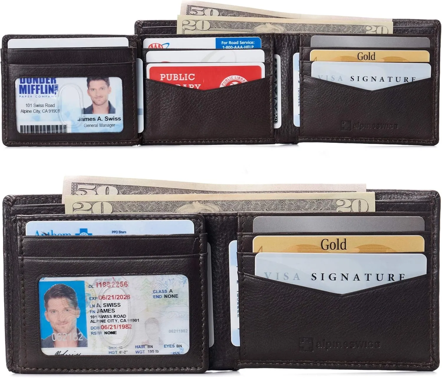 Alpine Swiss Mens Wallet for Men | RFID Protected Leather Mens Wallet | Spencer Bifold with Divided Bill Section | Gift Box | 2 ID Windows | 14 Card & Storage Pockets for Organization