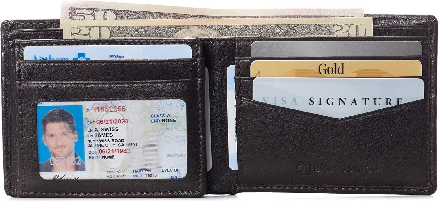 Alpine Swiss Mens Wallet for Men | RFID Protected Leather Mens Wallet | Spencer Bifold with Divided Bill Section | Gift Box | 2 ID Windows | 14 Card & Storage Pockets for Organization