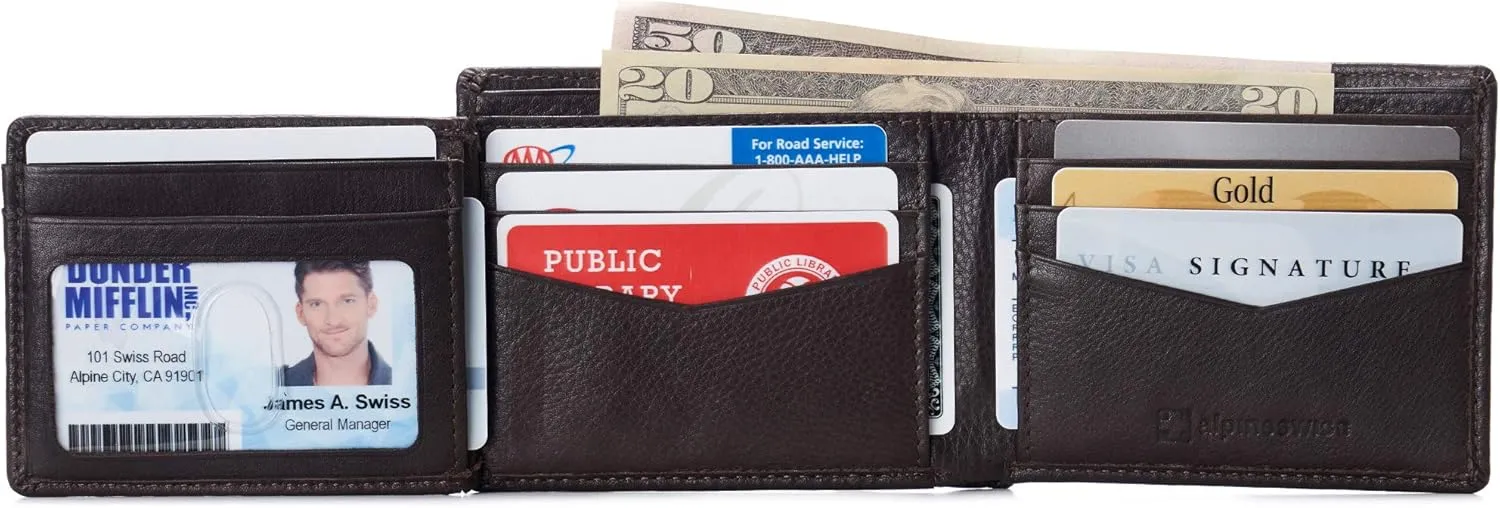 Alpine Swiss Mens Wallet for Men | RFID Protected Leather Mens Wallet | Spencer Bifold with Divided Bill Section | Gift Box | 2 ID Windows | 14 Card & Storage Pockets for Organization