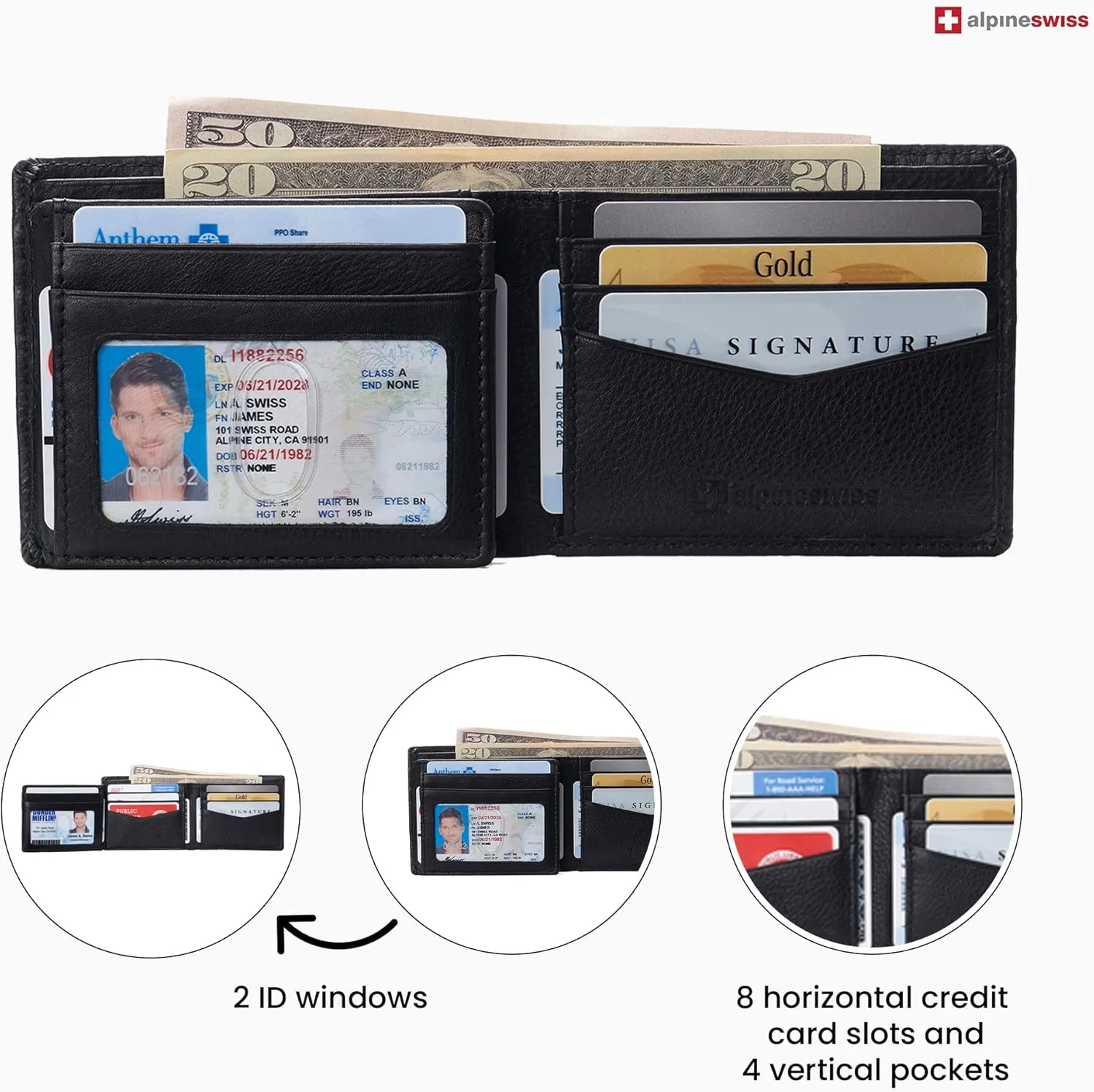 Alpine Swiss Mens Wallet for Men | RFID Protected Leather Mens Wallet | Spencer Bifold with Divided Bill Section | Gift Box | 2 ID Windows | 14 Card & Storage Pockets for Organization
