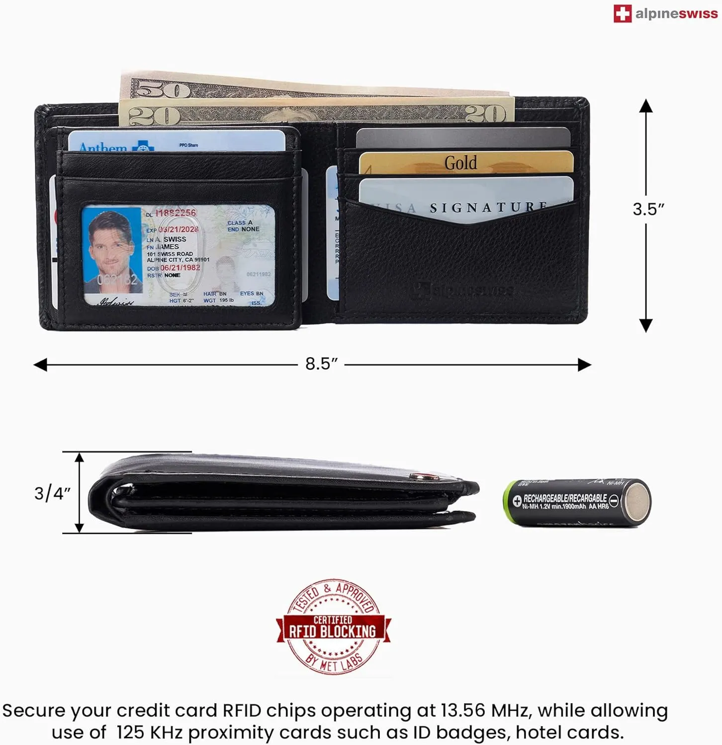 Alpine Swiss Mens Wallet for Men | RFID Protected Leather Mens Wallet | Spencer Bifold with Divided Bill Section | Gift Box | 2 ID Windows | 14 Card & Storage Pockets for Organization