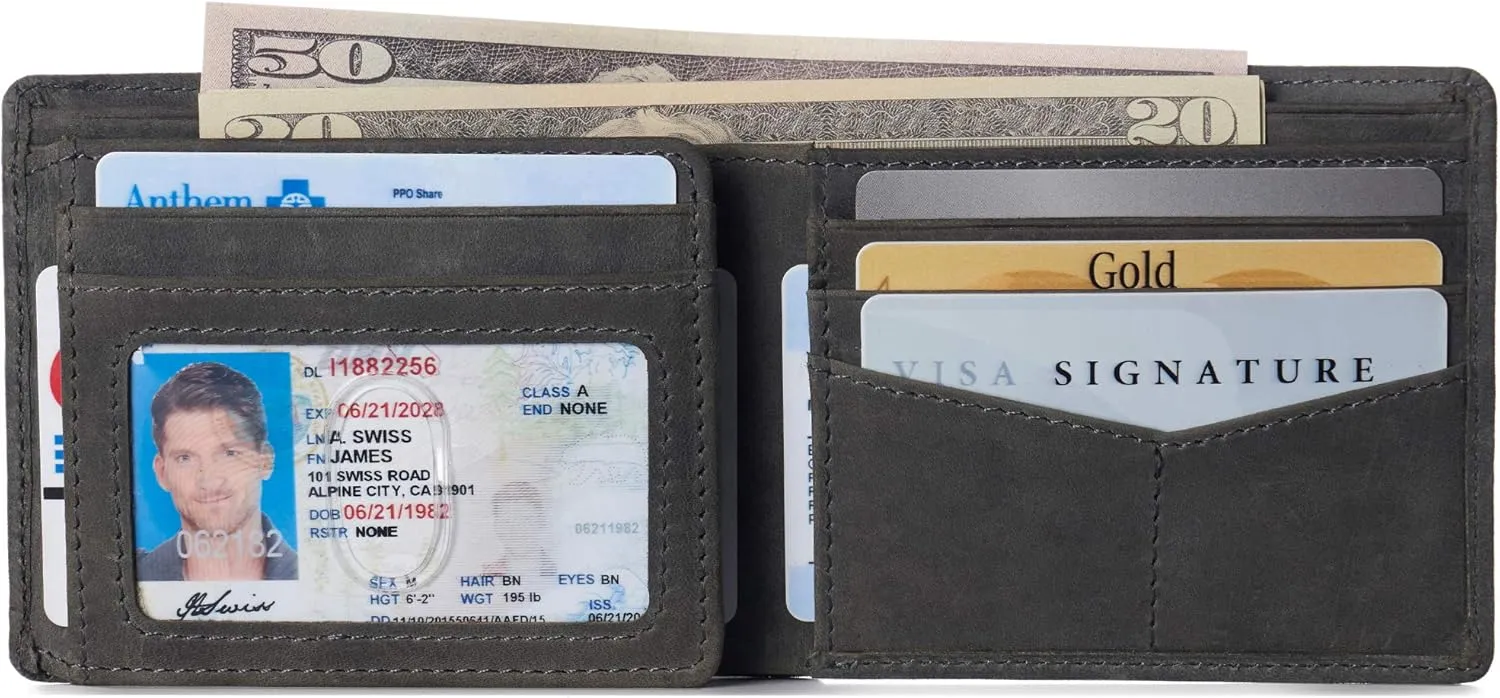 Alpine Swiss Mens Wallet for Men | RFID Protected Leather Mens Wallet | Spencer Bifold with Divided Bill Section | Gift Box | 2 ID Windows | 14 Card & Storage Pockets for Organization