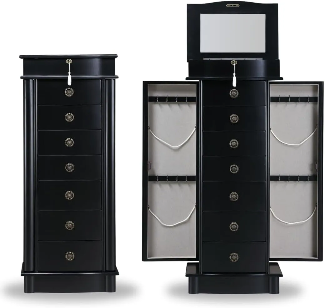 Alveare Home Nara Jewelry Armoire – Locking Storage Organizer with Seven Spacious Drawers, Black
