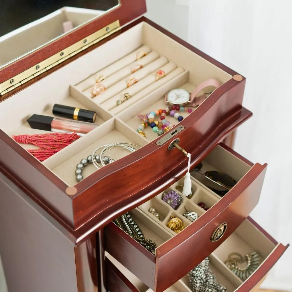 Alveare Home Nara Jewelry Armoire – Locking Storage Organizer with Seven Spacious Drawers, Cherry