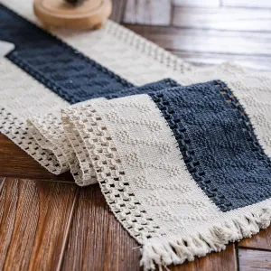 Alynsehom Macrame Table Runner Cream Beige and Blue Boho Table Runners with Tassels Hand Woven Cotton Table Runner Rustic Farmhouse Table Runners for Bohemian Kitchen Dining Table(12x108in)