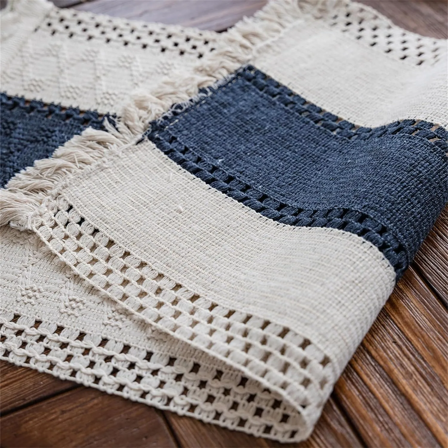 Alynsehom Macrame Table Runner Cream Beige and Blue Boho Table Runners with Tassels Hand Woven Cotton Table Runner Rustic Farmhouse Table Runners for Bohemian Kitchen Dining Table(12x108in)